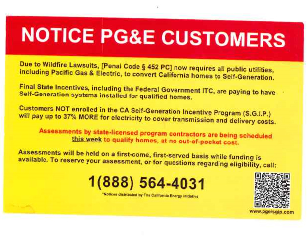 Fake PG&E postcard left in residents' doors.